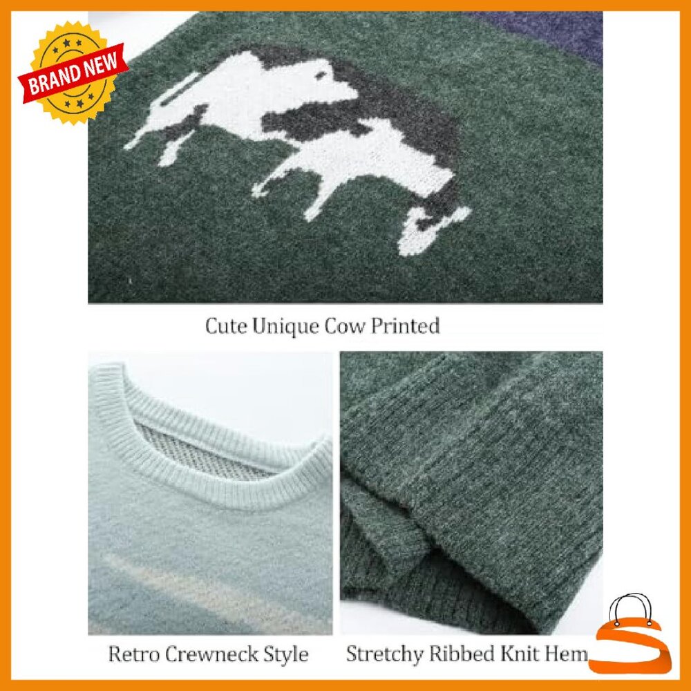 Oversized Cow Print Sweater Chunky Knit Pullover Unisex Fall Winter - Picture 7 of 8